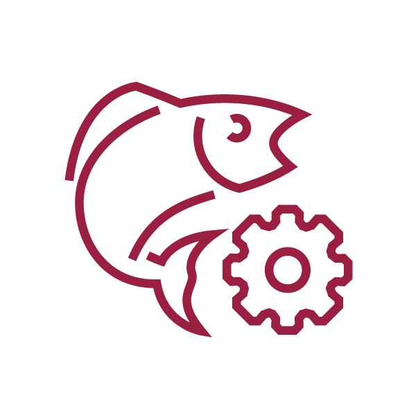 A maroon fish and gear inside a gear outline representing sustainable development