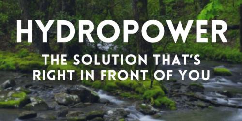 Still image from the digital campaign that shows a picture of a river with words in an overlay that say, Hydropower: the solution that's right in front of you.