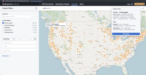 A map of dam projects in the United States in the Hydropower eLibrary tool. 
